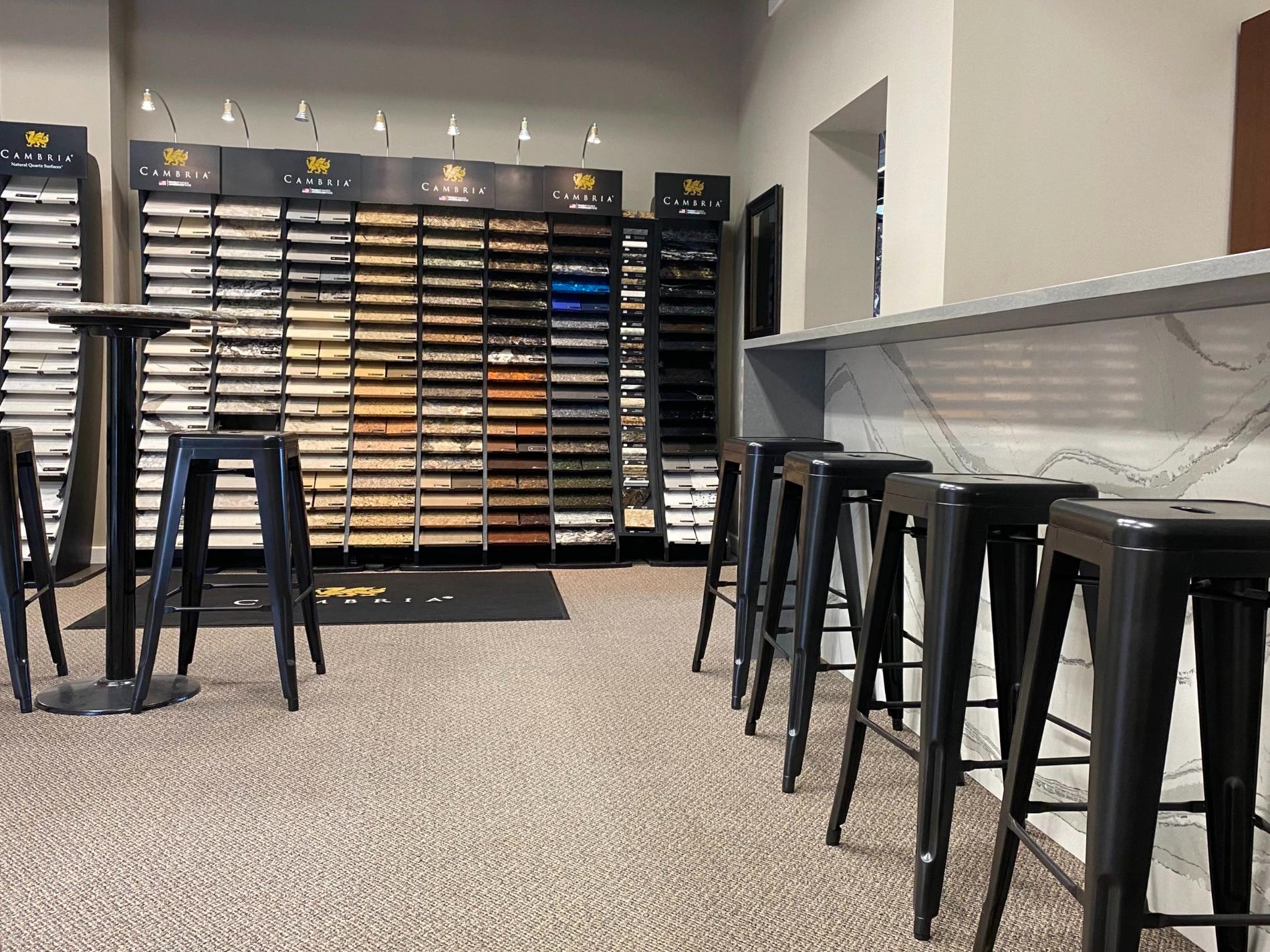 Blasius showroom in Farmington Hills displaying countertop samples and seating