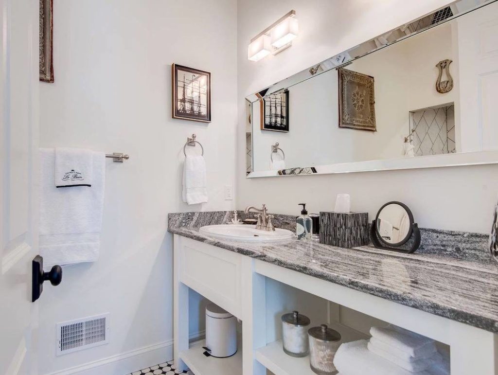 Completed Stone bathroom countertop installation and fabrication by Blasius