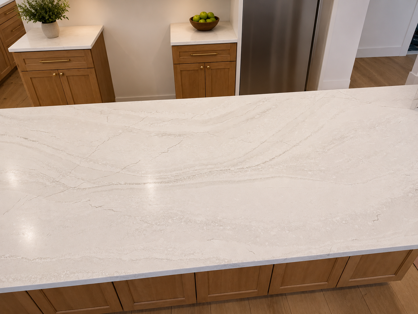 closeup of Inverness Everleigh quartz showing soft gray veining and neutral tone