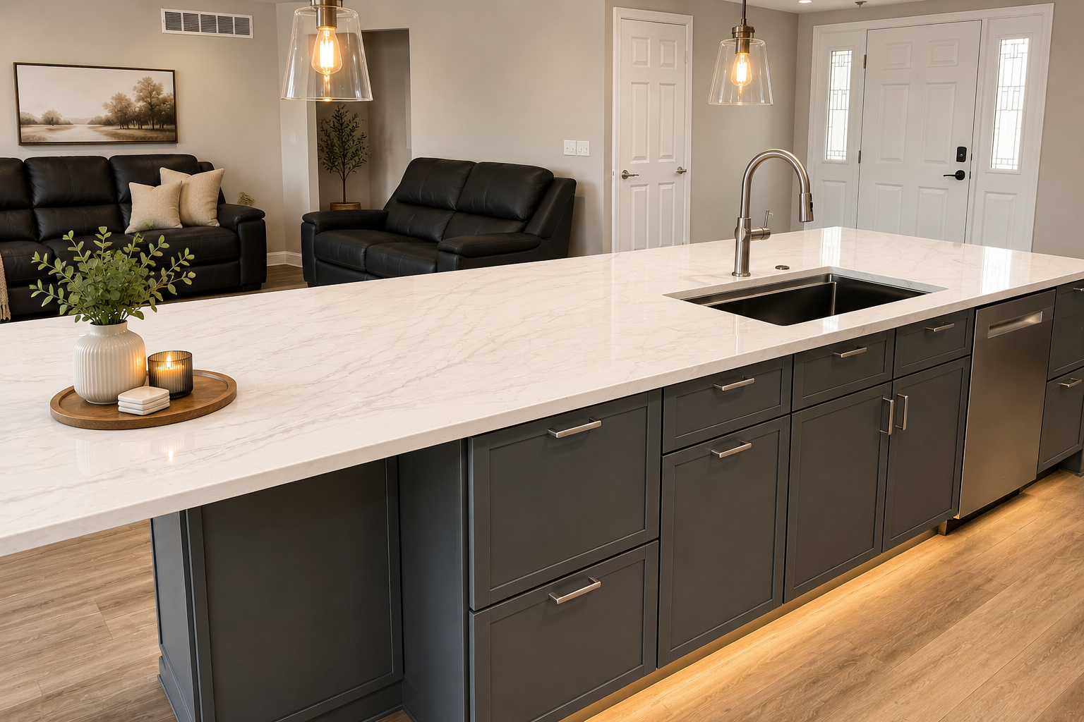 Livonia kitchen featuring Inverness Everleigh quartz with natural wood cabinetry and warm lighting